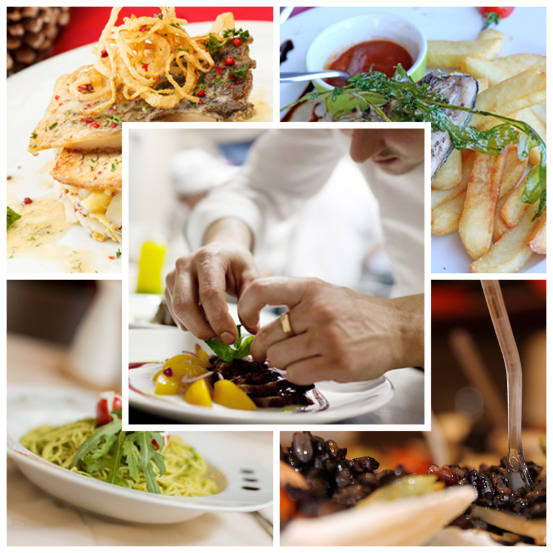 Le mani dello chef lavorano con cura i quattro deliziosi piatti di pesce e verdure della tradizione mediterranea